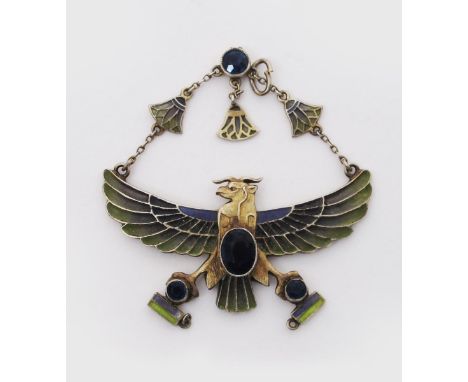An Art Deco Egyptian Revival Goldman & Kolber silver and plique a jour enamel pendant, modelled as an eagle wings outstretche
