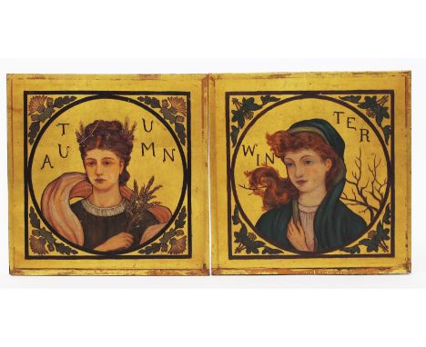 Autumn' and 'Winter' a pair of Aesthetic Movement painted wooden panels, each depicting a female portrait roundel, inside fol