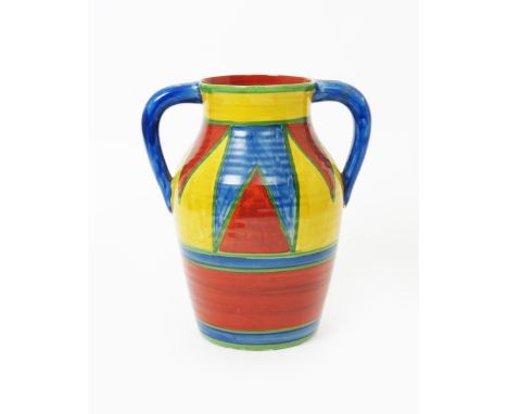 Original Bizarre' a Clarice Cliff twin-handled Lotus jug, painted with a band of red, yellow and blue triangles, outlined in 