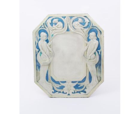 An Art Nouveau Della Robbia Pottery plaque, possibly a daily menu board, octagonal form, cast in low relief with maiden and c