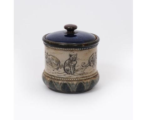 A Royal Doulton stoneware tobacco jar and cover by Hannah and Lucy Barlow, dated 1883, incised with a frieze of kittens playi