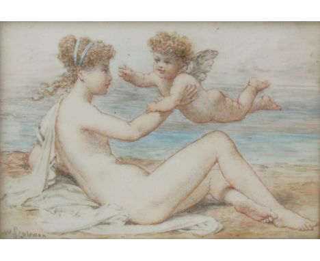 A porcelain plaque by William S Coleman,  painted with a reclining maiden, a robe draped on her shoulder, reaching out to an 