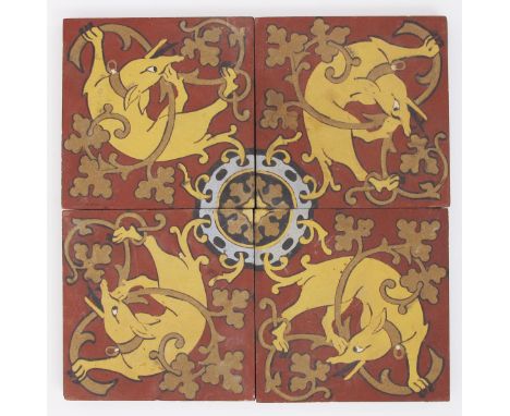 A collection of twelve Boch Freres tiles designed by Eugene Viollet le Duc, printed with a hunting dog amongst scrolling foli