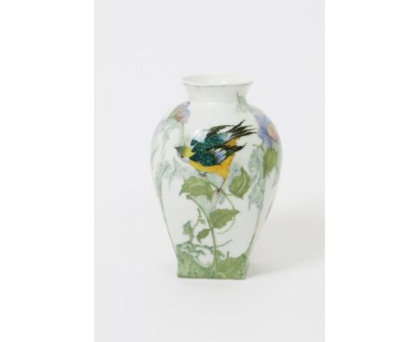 A rare Art Nouveau Rozenburg egg-shell porcelain vase, swollen, square section with everted rim, painted with an exotic bird 