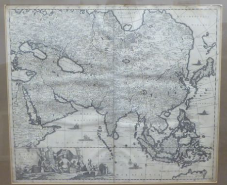 A mid/late 17thC Justus Danckerts uncoloured map 'Accuratiffima totius Asiae Tabula' incorporating a figural title cartouche,