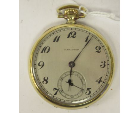 A 1920s Hamilton Watch Co, 14k gold filled cased pocket watch, the keyless 17 jewel movement faced by a silvered steel Arabic