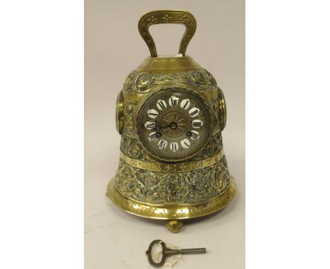 A late 19thC French brass novelty mantel timepiece, cast in the form of a bell with Latin inscriptions, including 'Dominus vo