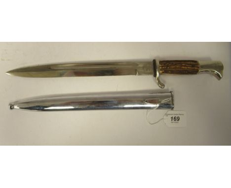 A German Third Reich era 'Walking Out' dress bayonet with a rivetted, two part, stag horn handle and electroplated mounts, th