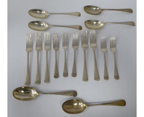 Silver Old English pattern flatware, viz. a set of six tablespoons; a set of five table forks and five dessert forks&nbsp; mi