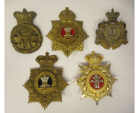 41st (Welsh) Regiment of Foot insignia, viz. two shako plates, an officer's helmet plate and two soldiers' helmet plates (Ple