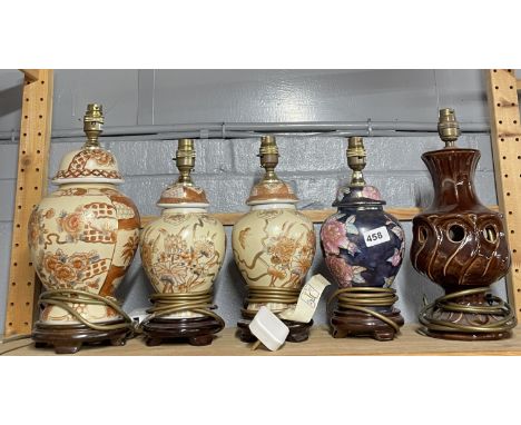 Five ceramic table lamp bases, tallest H. 36cm.