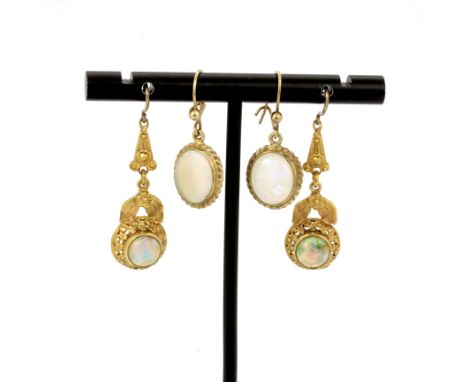 Two pairs of 9ct yellow gold (tested) opal set drop earrings, largest L. 3.8cm.