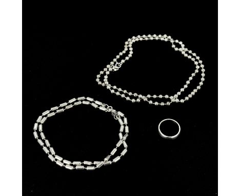 Two silver chains, longest L. 60cm, together with a hallmarked silver ring.