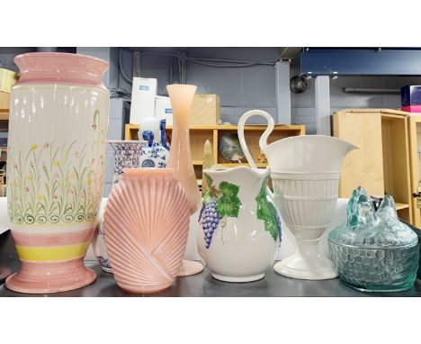 A group of vintage glass and ceramic items, tallest 48cm.