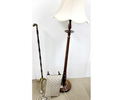 A 1920's mahogany standing lamp and shade with a, foot stool and further brass standing lamp.