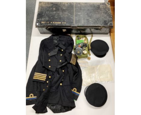 A quantity of naval uniform items, etc, with a navy trunk and related paperwork for an R.K.Dixon.