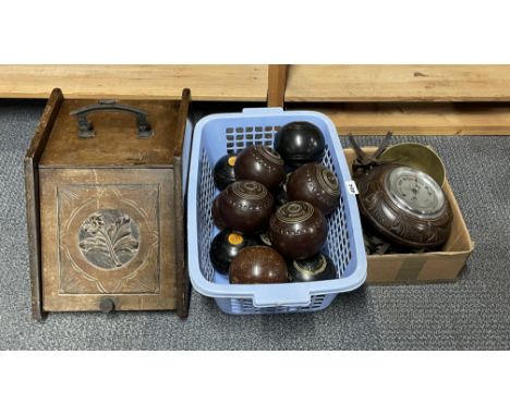 A wooden coal box, barometer, scale and a quantity of bowls.