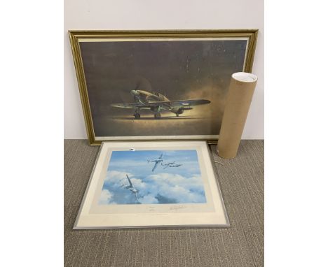 A framed pencil signed Robert Taylor print of a hurricane first edition signed by wing commander Stanford-Tuck, together with