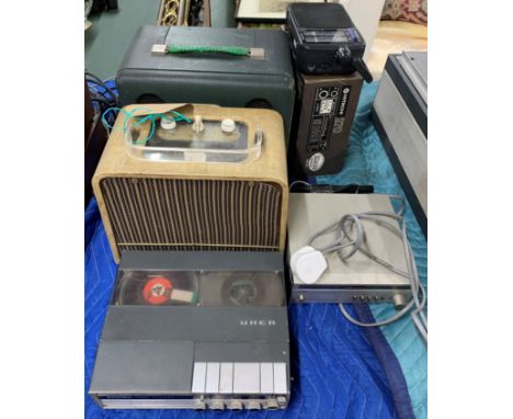 A group of vintage radios with a UHER 4000 tape recorder.