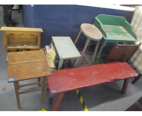 A mixed lot of furniture to include a green painted wash stand, pine wall hanging shelf, painted bench and other items 