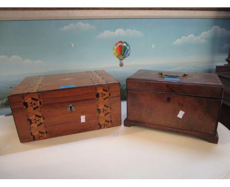 A 19th century walnut German strapwork box with peacock tail fabric lining and a 19th century walnut box with brass carrying 