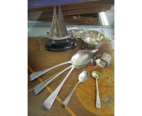 A mixed lot of silver items to include a Maltese model of a fishing boat, a twin handled bowl, London 1934, a Georgian mustar