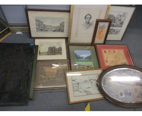 Pictures to include 19th century and later prints, a portrait, an embroidery and others 