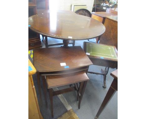 A nest of three mahogany tables, together with a small sofa table and a Regency style breakfast table 