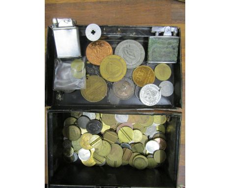 A mixed lot of tokens, coinage and lighters to include a Polo lift arm petrol lighter circa 1930, a Ronson lighter and a Colo