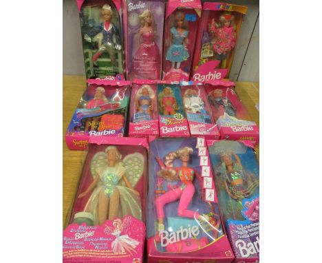 Twelve boxed Barbie dolls, circa 1990 by Mattel to include Bubble Fairy Barbie, Sun Jewel Barbie and Naf Naf Barbie 