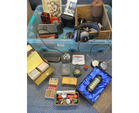 A mixed box of collectables including miners lamp, vintage electric razors, hand-warmers and other objects of interest 