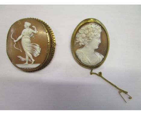 Two 19th century Italian shell cameos, one depicting Diana the Huntress, the other a classical portrait of a male profile fac