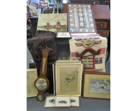 A mixed lot to include framed prints, a boxed Tyrrell and Green mink fur wrap, barometer, Astec style wall hanging and other 