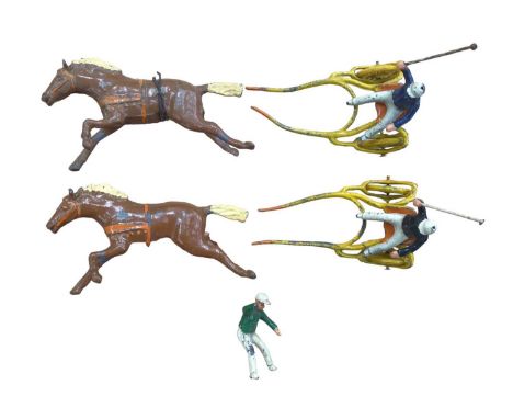 Selection of lead figures and animals including circus clowns, acrobats, tennis players, hunting on horseback, fox and hounds