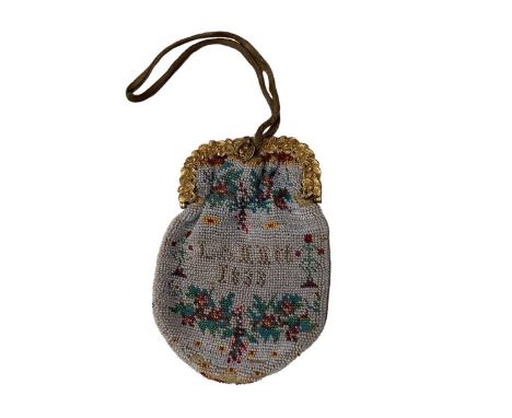 Antique microbead sovereign purse with gilt frame, beading contains name Hortence Lerei and dated 1833, also bird tree and fl