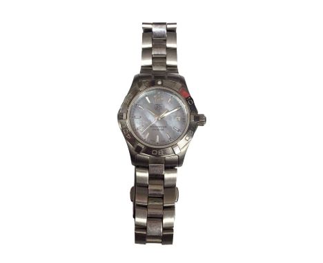 Tag Heuer Aquaracer stainless steel wristwatch with blue mother of pearl dial, baton markers, date aperture and rotating beze