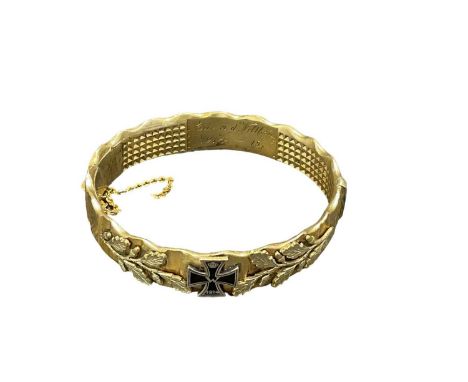 Unusual First World War Imperial German Trench Art hinged bangle, set with enamel cross and engraved to interior "Erin Weltki