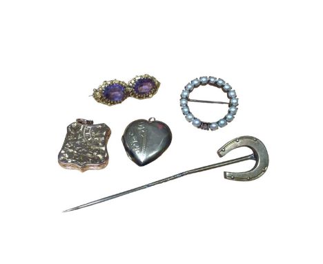 Victorian yellow metal locket, one other 9ct gold back and front locket, amethyst brooch, pearl brooch and a horse shoe stick