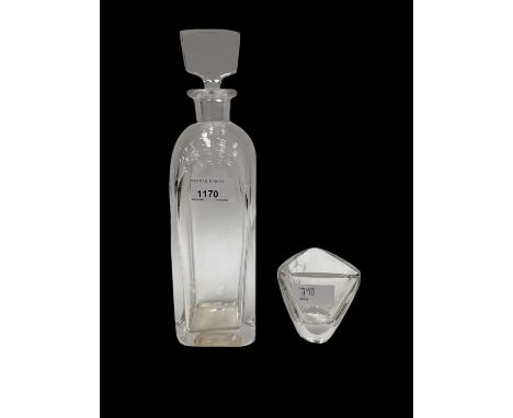 Orrefors decanter and stopper, signed, together with a small glass vase (2)