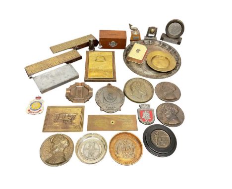 Two Trench Art cribbage boards and lot military metalware including commemorative plaques