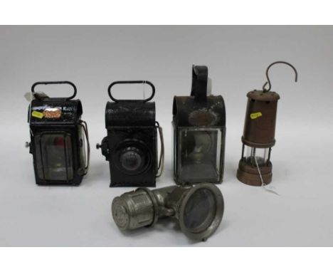 Pair of Somerset C.C. Steamroller side lights, a Lucas lamp, miners' lamp and one more (5)
