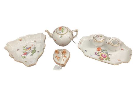 Four pieces of Herend porcelain with hand painted decoration including teapot, desk stand, triangular dish and lidded potThe 