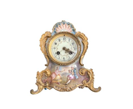 French painted rococo style clock signed DumasCracks to the enamel dial. Crazing / light hairlines to the ceramic clock. The 