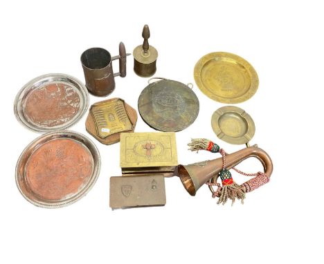 First World War Trench Art bell, 1930s tankard, Tank Corps gong and other military metalware including bugle