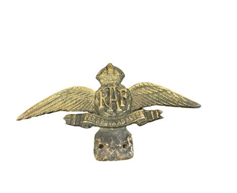 Scarce Royal Air Force brass Officers car badge, stamped with Air Ministry and broad arrow marks, approximately 23cm in width