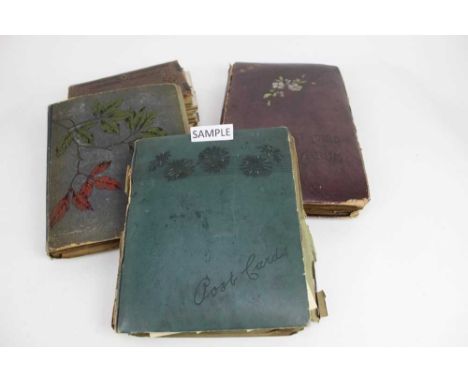 Postcards in four albums plus loose, including Colchester artist drawn historical characters and events by Hervey Elwes, real