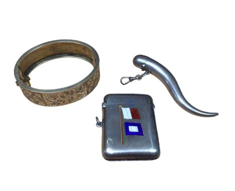 Silver vesta case with enamel decoration depicting two nautical flag signals- H and P flag, white metal cornucopia style scen