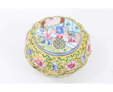Chinese Canton enamel yellow ground box and cover, of lobed cushion form with figural reserve and foliate borders, 9cm diamet