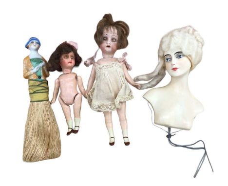 Doll Gebruder Knock bisque head and shoulders marked GKN crossed bones No. 215 14/0, brown fixed eyes, painted brows, lashes 