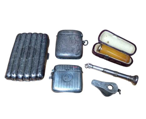 Selection of silver smoking related items to include a cigarette case, two vestas, cigar cutter and a pipe tamper, together w